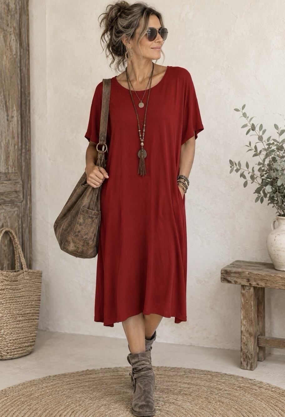 Eileen Fisher Brick red Knit Shift Midi Dress Medium Lagenlook Oversized Ac23